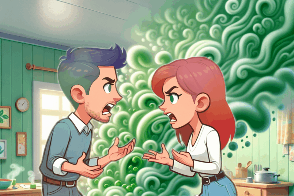 Piirretty kuva riitelevistä vanhemmista.