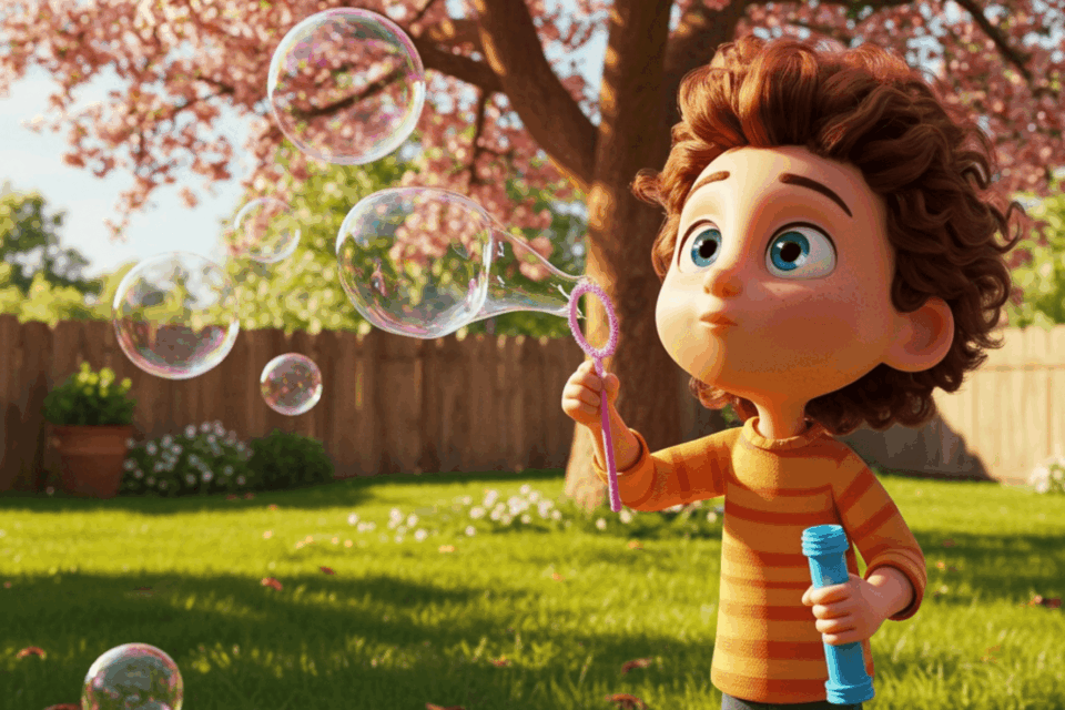 Piirretty lapsi puhaltaa saippuakuplia.