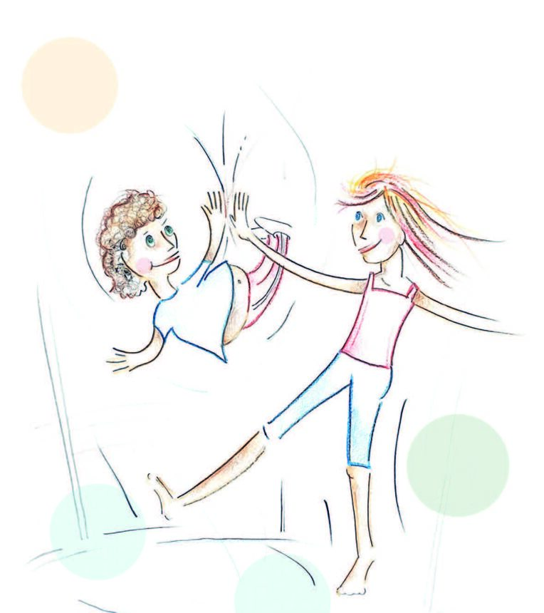 Piirretyt lapset hyppivät trampoliinilla.