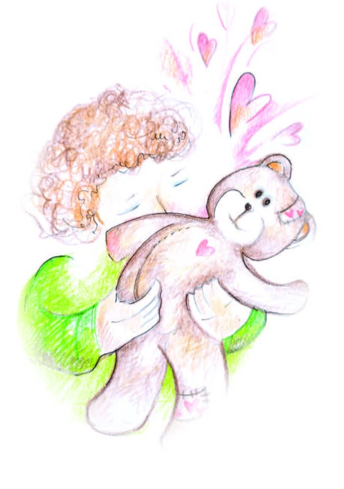 Piirroskuva lapsesta, joka halaa nallekarhuaan.