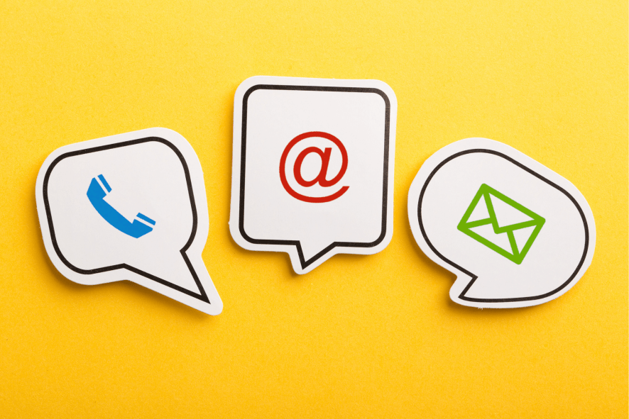 Kuva, jossa puhelimen, sähköpostin ja kirjeen symbolit.
