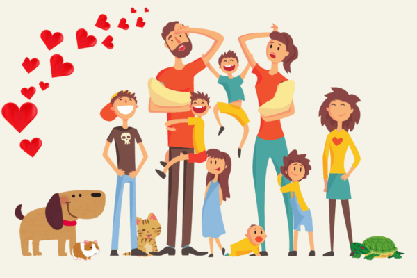 Piirroskuva perheestä, jossa vanhemmat, liuta lapsia ja lemmikkejä.