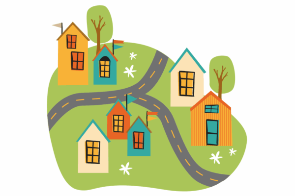 Piirroskuva, jossa useita taloja, teitä ja puita.