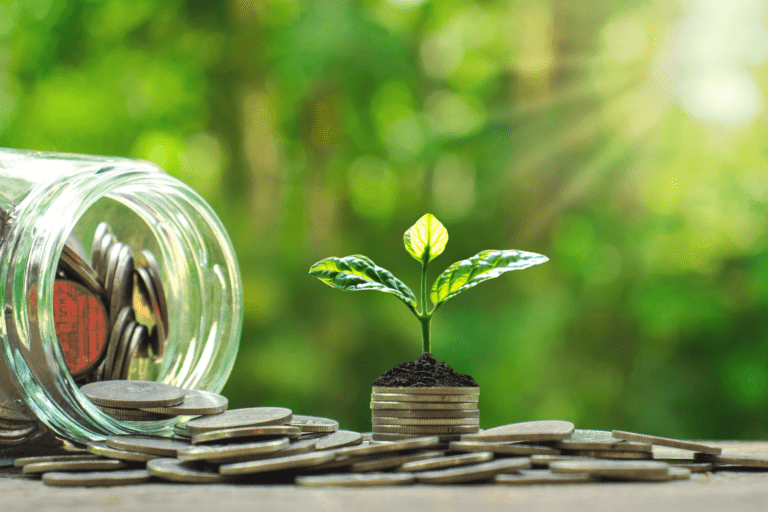 Lasipurkki, josta valuu kolikoita. Kolikoiden päällä kasvin taimi. Taustalla paistaa aurinko.