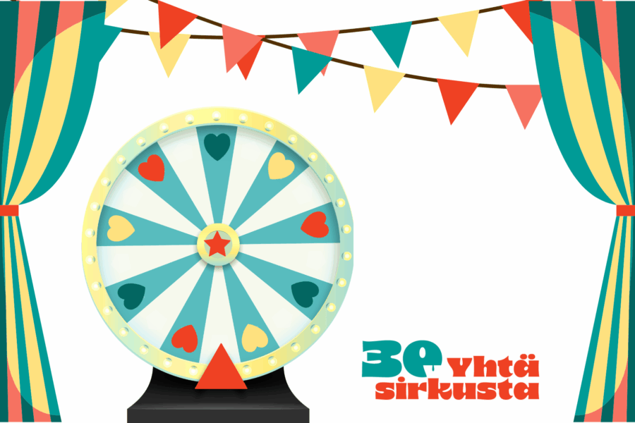 Kuvassa värikkäät verhot, viirejä, onnenpyörä ja teksti 30 v yhtä sirkusta.